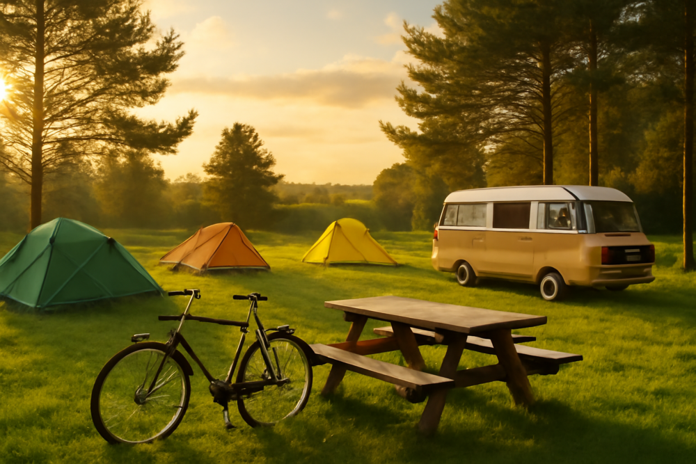 Zonnige camping in Nederland met tenten en camper op een groen weiland