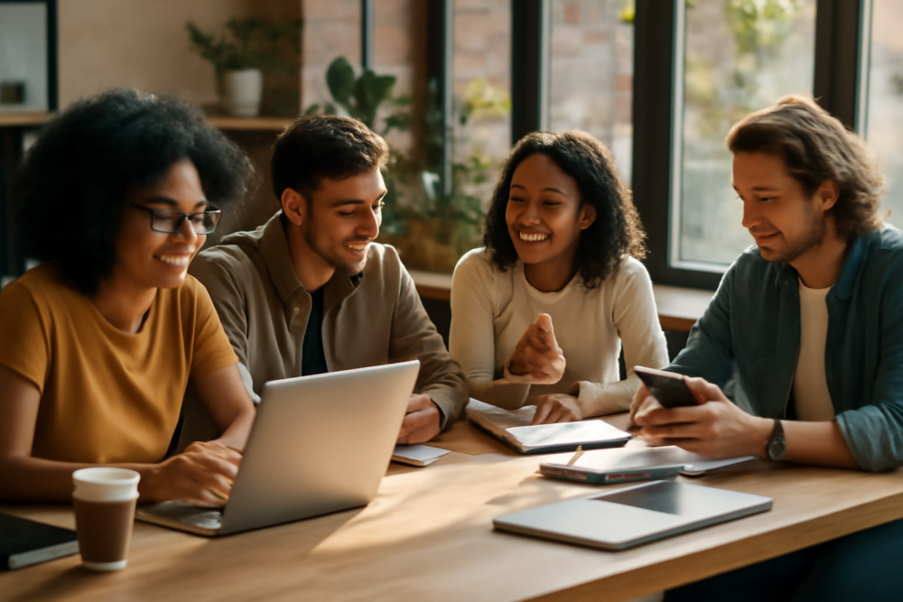Jonge ondernemers bouwen samen een online community rond een merk in een moderne werkruimte