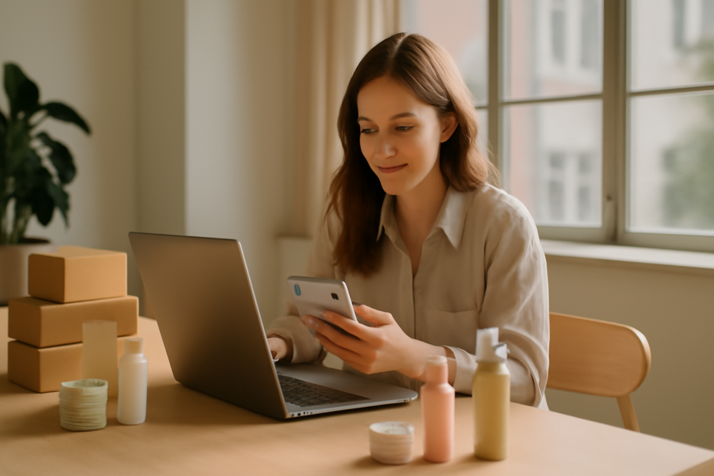 MKB-ondernemer bereidt micro-influencer campagne voor op laptop en smartphone