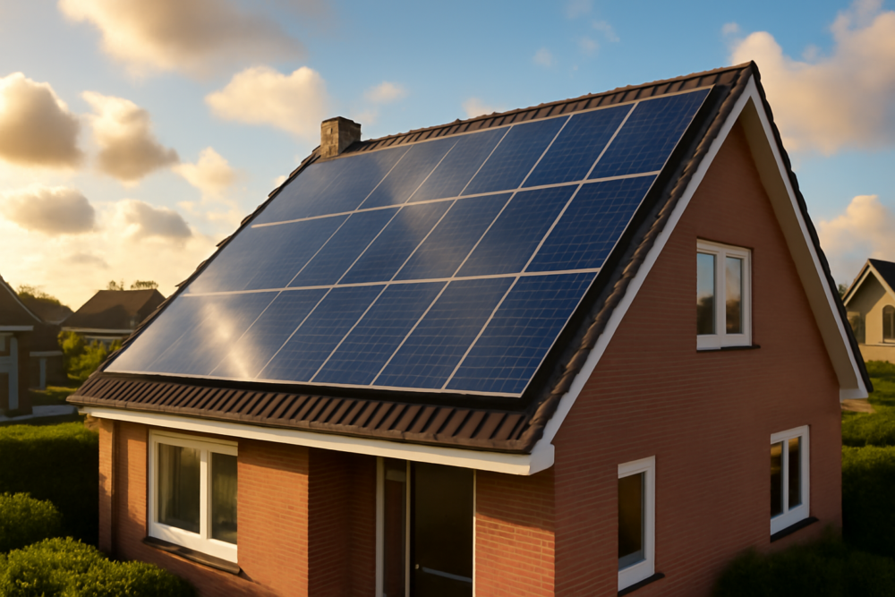 Zonnepanelen op een schuin dak van een Nederlandse woning op een zonnige dag
