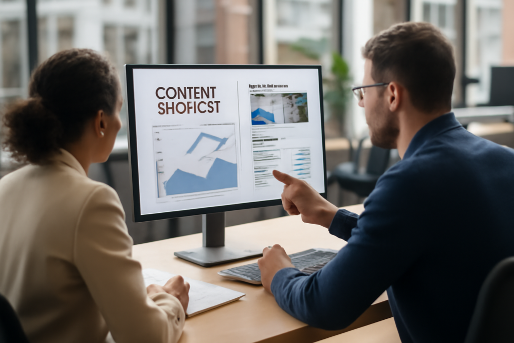Twee professionals bespreken een B2B contentmarketing strategie op een groot scherm