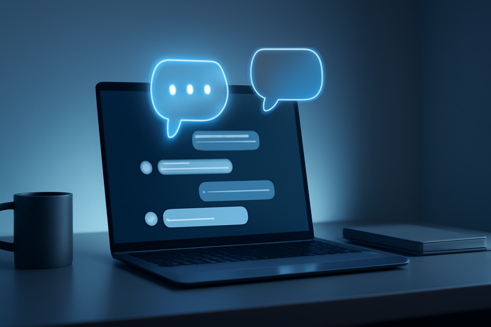 AI-chatbot interface op laptop met geautomatiseerde marketinggesprekken in 2026