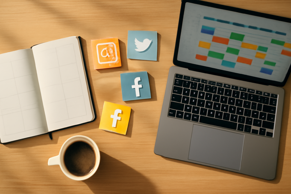 Contentkalender social media template op laptop en notitieboek op een werkbureau