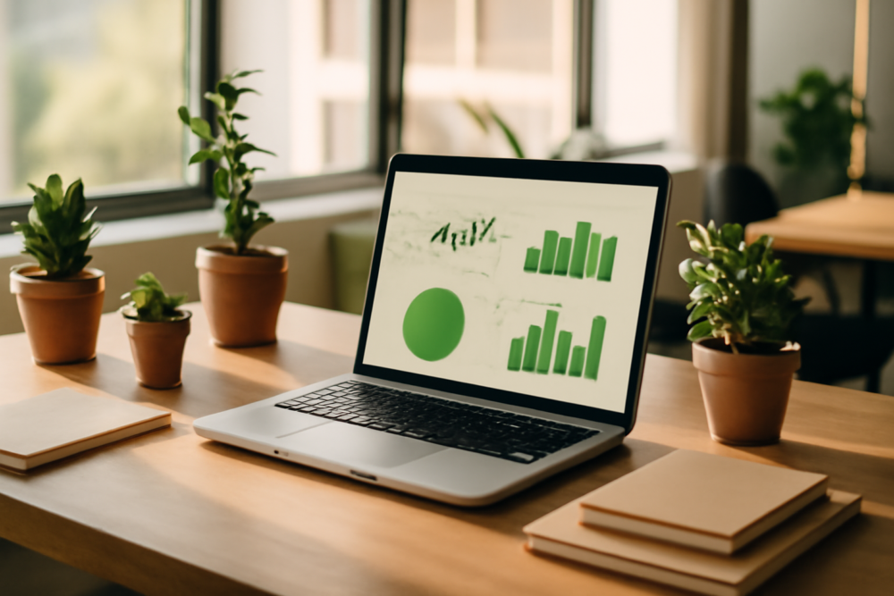 Ondernemer werkt aan duurzame marketingstrategie met groene data op laptop