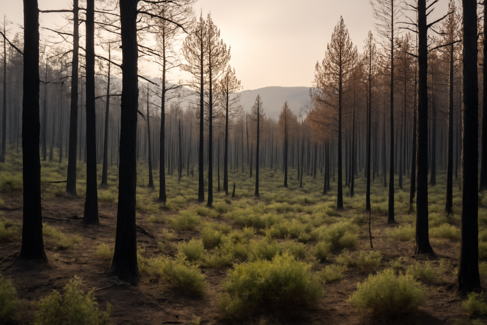Verbrande bomen en nieuwe groei in een bos na een bosbrand in Zuid-Europa