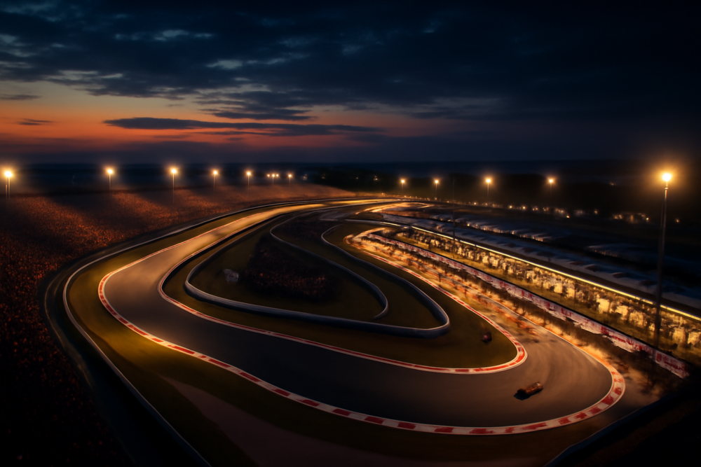 Luchtfoto van een Formule 1-circuit bij avondlicht met gevulde tribunes