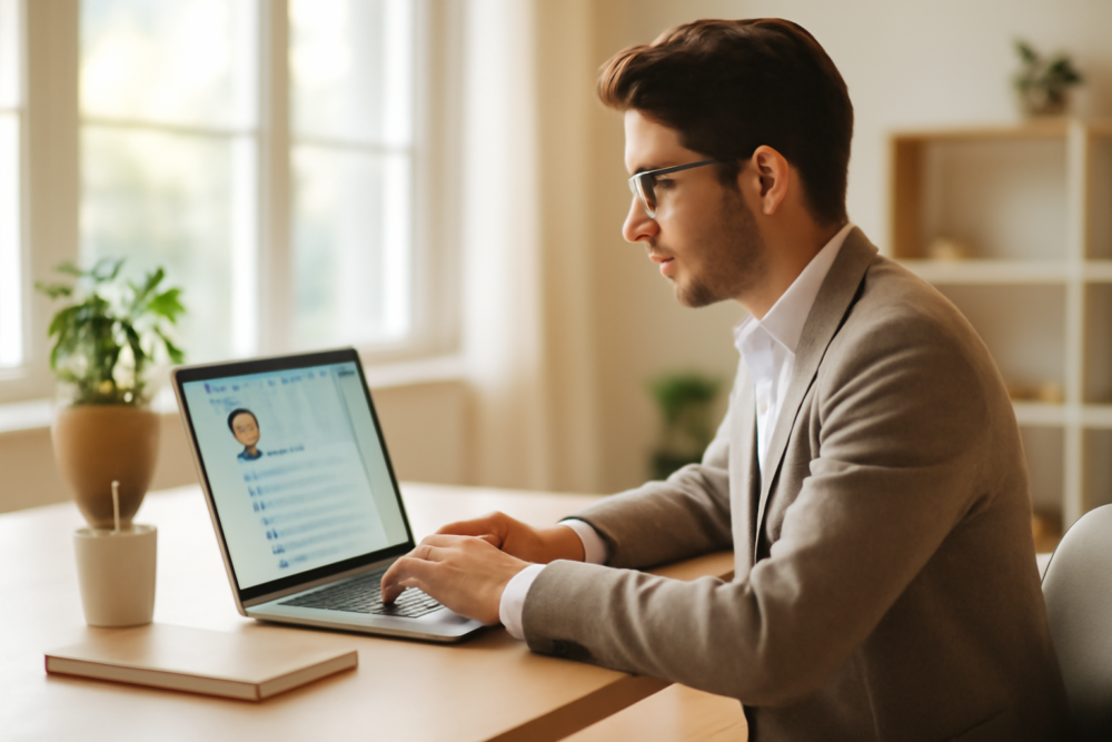 Ondernemer bouwt persoonlijk merk op LinkedIn op moderne werkplek in 2026