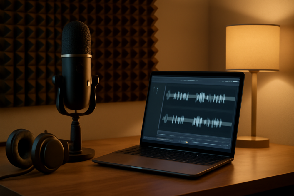Moderne podcaststudio met microfoon, headphones en laptop voor branded podcast opname