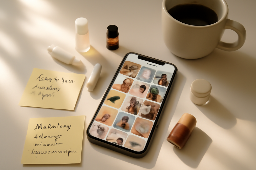 Smartphone met user generated content foto's op bureau, omringd door marketingnotities