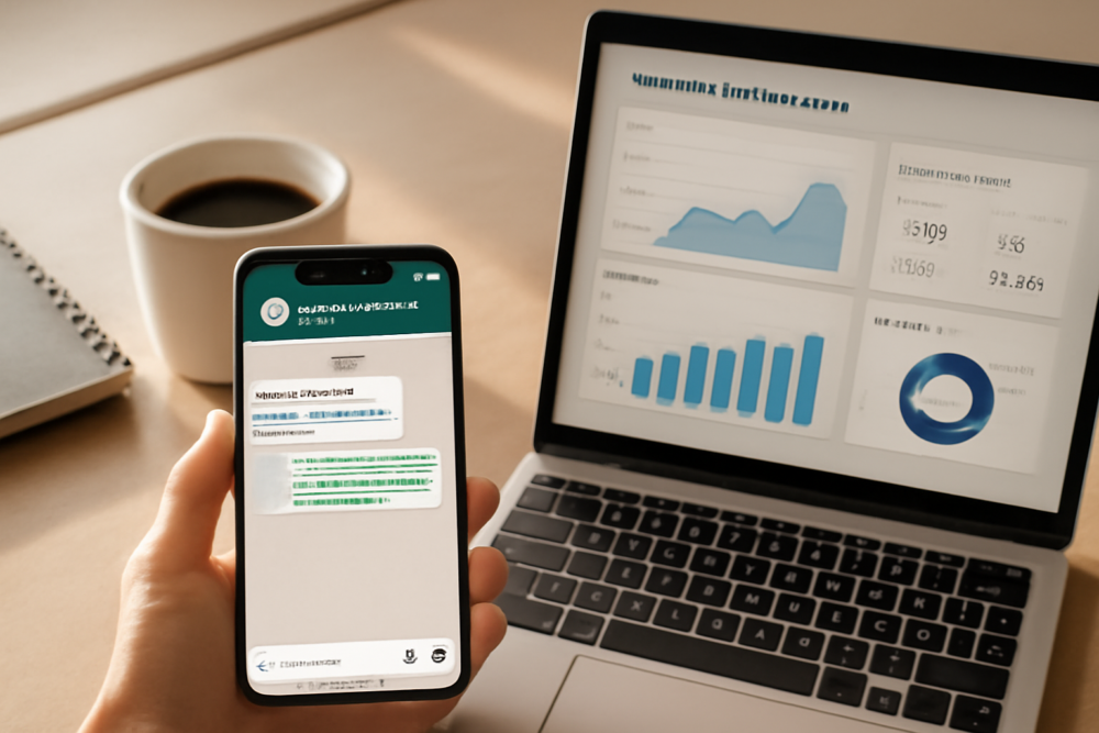 Smartphone met WhatsApp Business chat en laptop met marketingdashboard op bureau