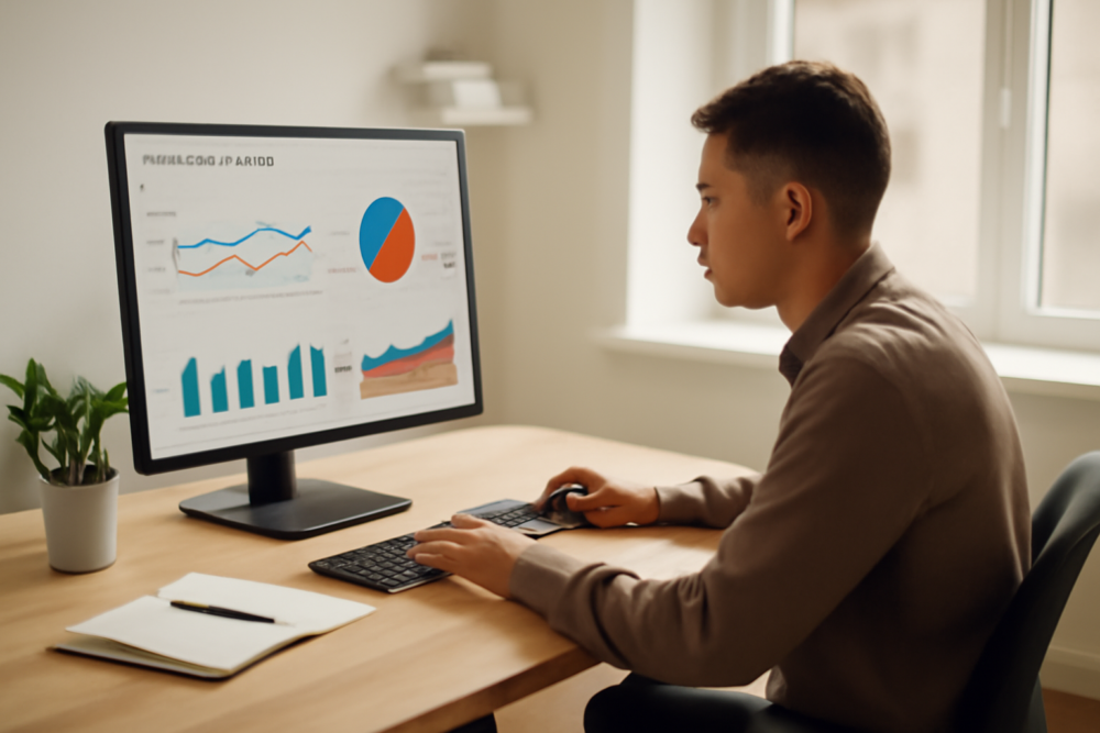 Ondernemer analyseert Google Search Console performance rapport op laptop