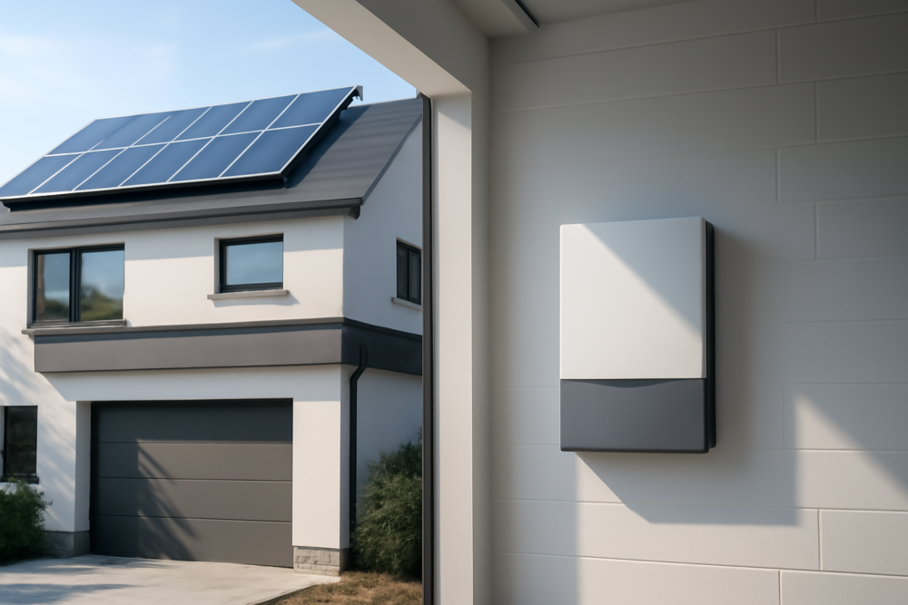 Thuisbatterij gemonteerd in garage naast zonnepanelensysteem in modern woonhuis