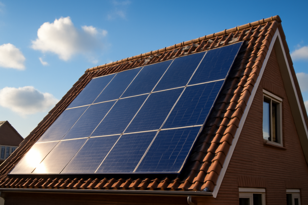 Zonnepanelen op een Nederlands woonhuis in 2026 met zonnige hemel