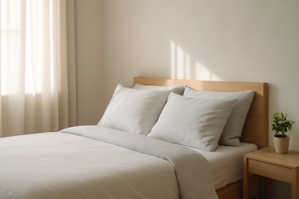 Modern slaapkamer met strak opgemaakt bed en natuurlijk ochtendlicht