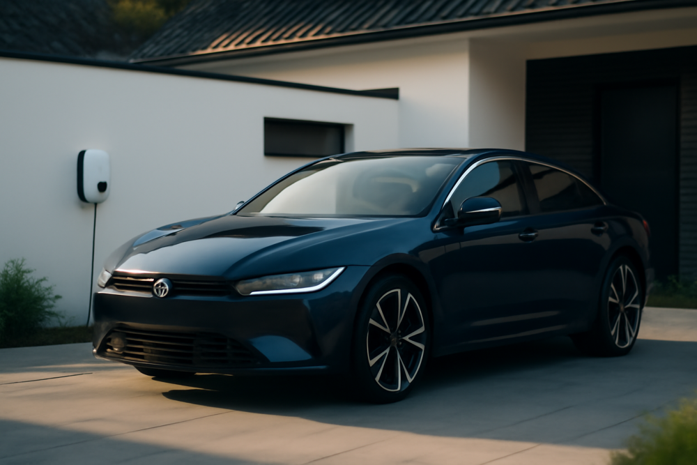 Elektrische auto opgeladen bij een thuislaadpaal voor een modern huis, geschikt voor zzp-leasing in 2026