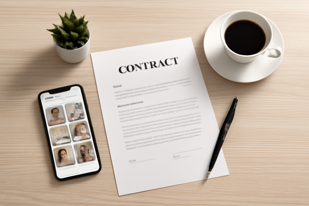 Professioneel contract op bureau naast smartphone met social media feed, pen en koffie voor influencer samenwerking