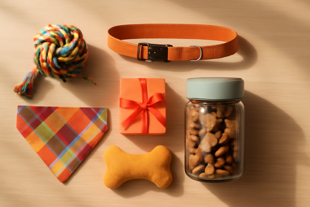 Kleurrijke huisdierenaccessoires en cadeauartikelen netjes uitgestald op een houten ondergrond