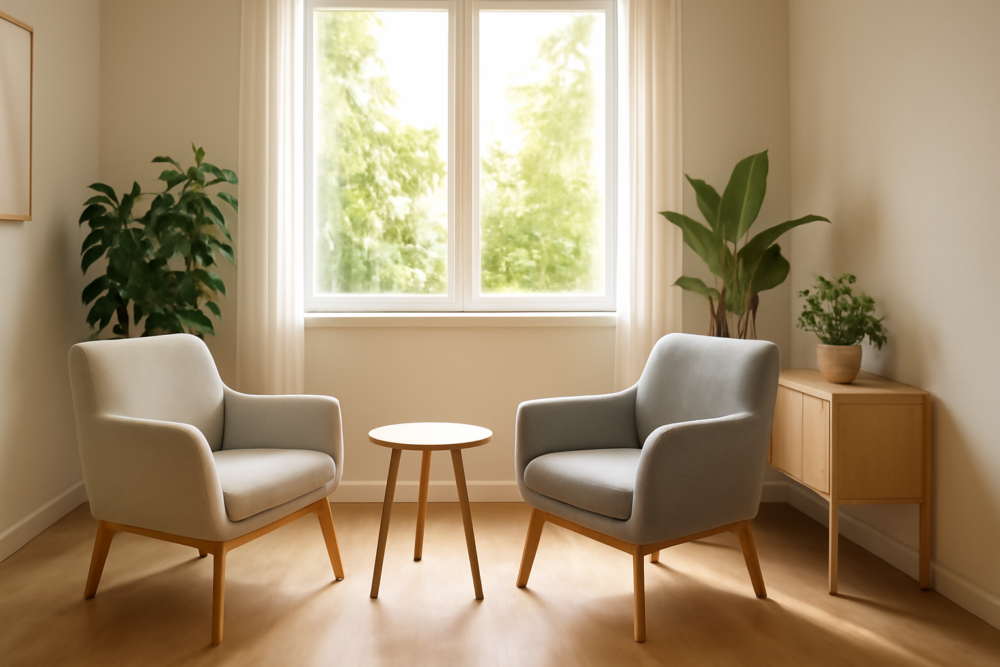 Moderne coachingsruimte met twee stoelen bij een raam, warme sfeer
