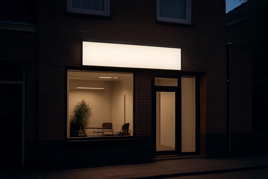 Winkelgevel met verlichte gevelreclame in een Nederlandse straat