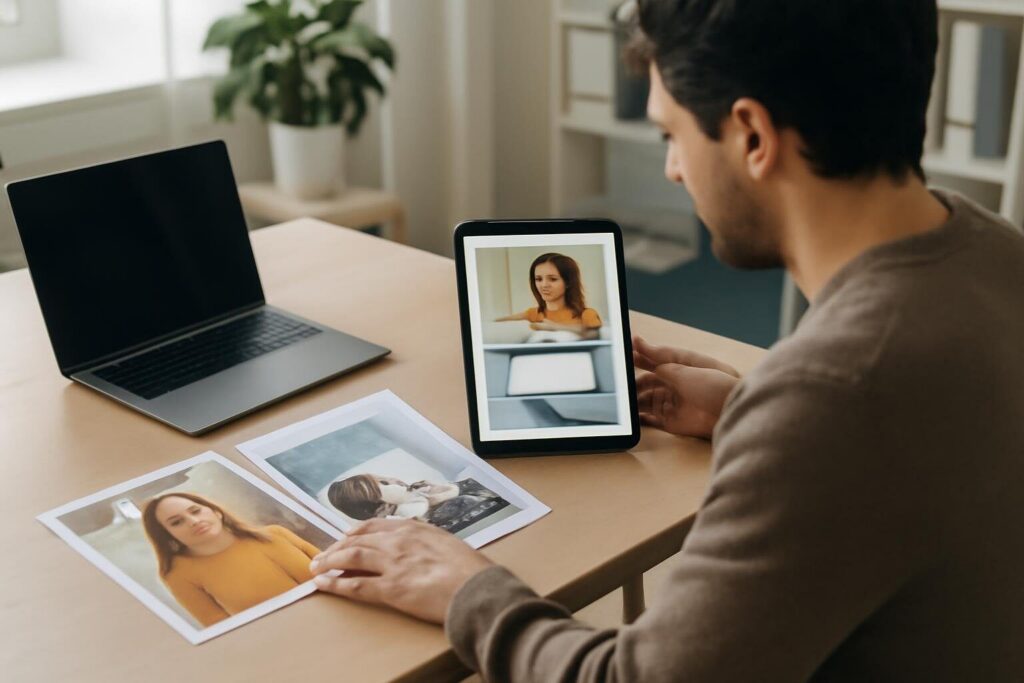 Marketeer vergelijkt verschillende soorten reclame op papier, tablet en buitenreclame