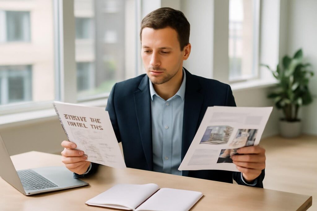 Ondernemer vergelijkt een marketingplan met een reclame-uiting op kantoor